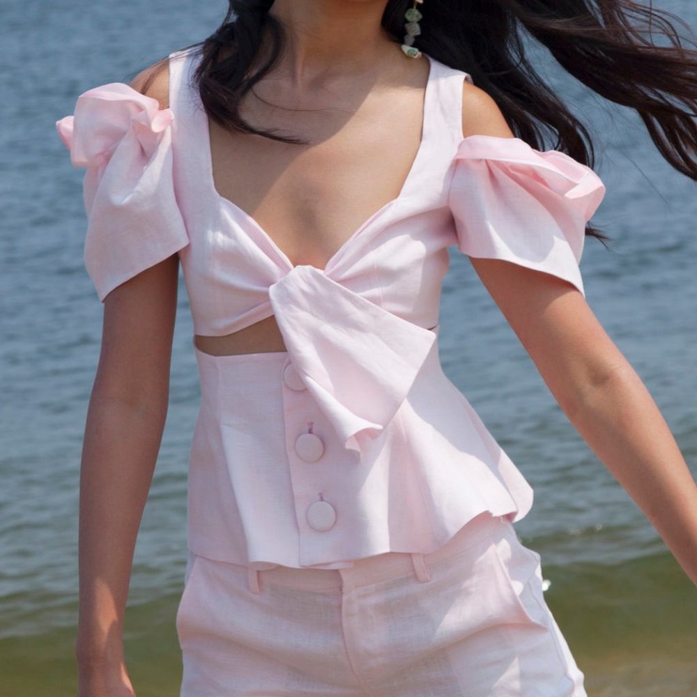 Viva Aviva designer barbie Pastel Pink bow off the shoulder button top SS19